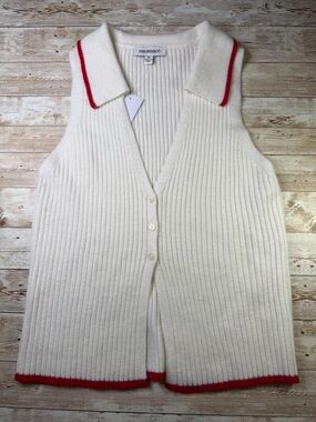 Freshman Cream Ribbed Sleeveless Cardigan with Red Trim